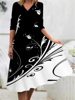 Women's Work Dress Casual Dress Swing Dress Fashion Winter Dress Daily Midi Dress Print V Neck Long Sleeve Floral Ombre Regular Fit Black Blue Gold Fall Winter S M L XL XXL
