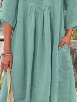 Women's Casual Dress Cotton Linen Dress Swing Dress Midi Dress Cotton Blend Casual Mature Daily Holiday Vacation V Neck Ruched Pocket 3/4 Length Sleeve Summer Spring 2023 Loose Fit Green Pure Color S -Party Prom Dresses Sales Store cdejcv1656493013411