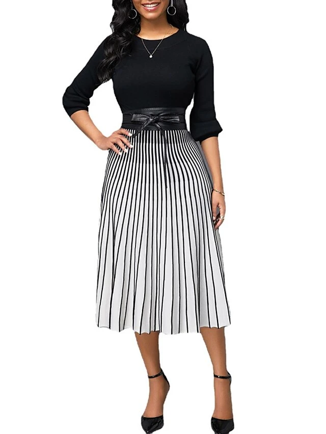 Women's A Line Dress Modern Dress Church Dress Midi Dress Black Long Sleeve Striped Patchwork Summer Spring Crew Neck Elegant Winter Dress Fall Dress 2023 S M L XL 2XL 3XL 4XL 5XL 5 Women's A Line Dress Modern Dress Church Dress Midi Dress Black Long Sleeve Striped Patchwork Summer Spring Crew Neck Elegant Winter Dress Fall Dress 2023 S M L XL 2XL 3XL 4XL 5XL - Image 5