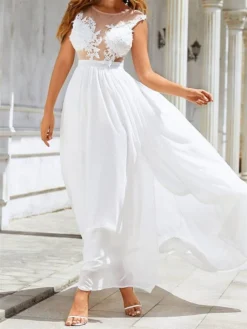 Women's Prom Dress Party Dress Lace Dress Long Dress Maxi Dress White Sleeveless Pure Color Lace Summer Spring Fall Crew Neck Party Evening Party Wedding Guest Vacation 2023 S M L XL XXL -Party Prom Dresses Sales Store cdtdid1690276092497