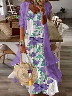 Women's Two Piece Dress Set Print Dress Daily Vacation Casual Print Maxi Dress V Neck 3/4 Length Sleeve Floral Loose Fit White Purple Green Summer Spring S M L XL XXL -Party Prom Dresses Sales Store cdthin1679981310585