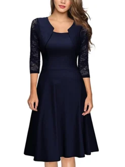 Women's Casual Dress Swing Dress Green Dress Midi Dress Wine Green 3/4 Length Sleeve Pure Color Lace Summer Spring Square Neck Party Slim 2023 S M L XL XXL -Party Prom Dresses Sales Store cffnjc1605493898107