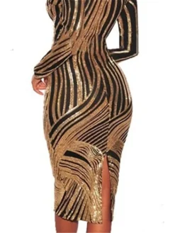 Women's Party Dress Sequin Dress Sheath Dress Knee Length Dress Gold Long Sleeve Striped Sequins Spring Fall Winter Deep V Sexy Party Winter Dress Wedding Guest 2023 S M L XL -Party Prom Dresses Sales Store cftiyc1631758266509