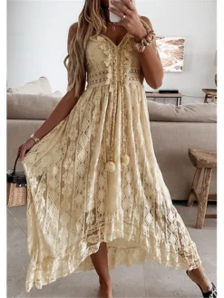 Women's Party Dress Casual Dress Holiday Dress Long Dress Maxi Dress White Beige Sleeveless Print Lace Summer Spring V Neck Basic Vacation 2023 S M L XL XXL -Party Prom Dresses Sales Store cgomga1635499050453