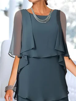 Women's Party Dress Work Dress Wedding Guest Dress Midi Dress Blue Green Half Sleeve Pure Color Ruffle Summer Spring Fall Crew Neck Fashion Wedding Guest Vacation Summer Dress 2023 S M L XL XXL 3XL -Party Prom Dresses Sales Store cgxkek1690858556997
