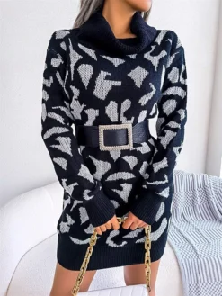 Women's Sweater Dress Jumper Dress Casual Dress Mini Dress Fashion Leopard Outdoor Daily Going Out Turtleneck Long Sleeve 2023 Loose Fit Black Wine Khaki S M L -Party Prom Dresses Sales Store chdmcg1694756297108