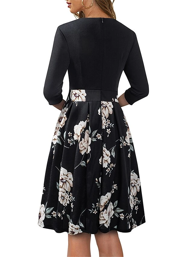 Women's Work Dress Semi Formal Dress A Line Dress Fashion Midi Dress Hollow Out Print Crew Neck 3/4 Length Sleeve Floral Regular Fit Black Fall Winter S M L XL 2 Women's Work Dress Semi Formal Dress A Line Dress Fashion Midi Dress Hollow Out Print Crew Neck 3/4 Length Sleeve Floral Regular Fit Black Fall Winter S M L XL - Image 2