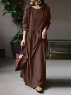 Women's Cotton Linen Dress Casual Dress Maxi Long Dress Linen Boho Casual Winter Dress Daily Holiday Crew Neck Patchwork Long Sleeve Summer Spring Fall Linen Loose Fit Black White Khaki Pure Color S