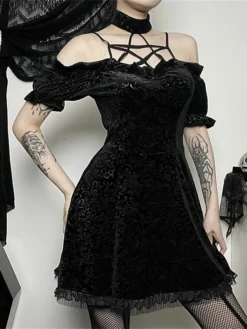 Women's Party Dress Velvet Dress Cocktail Dress Mini Dress Black Short Sleeve Pure Color Lace Spring Fall Winter Halter Neck Fashion Halloween Birthday Wedding Guest 2023 S M L -Party Prom Dresses Sales Store chvbej1693983149046