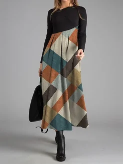 Women's Work Dress Casual Dress Swing Dress Fashion Winter Dress Daily Long Dress Maxi Dress Button Print V Neck Long Sleeve Geometric Plaid Regular Fit Blue Orange Brown Fall Winter S M L XL XXL