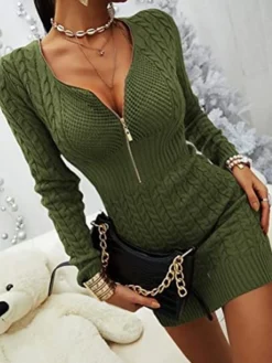 Women's Sweater Dress Jumper Dress Sheath Dress Mini Dress Warm Pure Color Outdoor Casual Holiday Going Out V Neck Long Sleeve Zipper 2023 Slim Black White Pink S M L XL XXL 3XL -Party Prom Dresses Sales Store cjdnae1694166178685