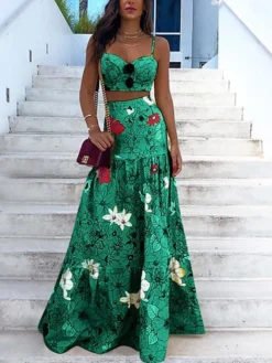 Women's Dress Set Two Piece Dress Skirt Set Long Dress Maxi Dress Yellow Green Sleeveless Floral Backless Summer Spring Spaghetti Strap Vacation 2023 S M L XL XXL 3XL