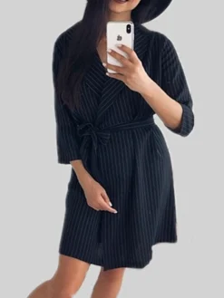 Women's Shirt Dress Casual Dress Sheath Dress Mini Dress Outdoor Office Business Polyester Classic Modern Shirt Collar Lace Up Print Long Sleeve Summer Spring Fall 2023 Loose Fit Black Striped S M L -Party Prom Dresses Sales Store ckktap1677234552884