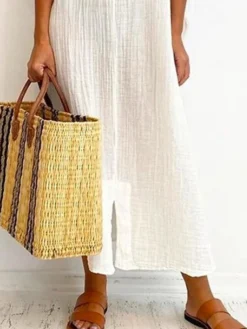 Women's Casual Dress Cotton Linen Dress Shift Dress Maxi Long Dress Cotton Blend Daily Classic Outdoor Daily Vacation Split Neck Split Basic Half Sleeve Summer Spring Fall 2023 Loose Fit White Plain -Party Prom Dresses Sales Store ckxfrw1686030358749