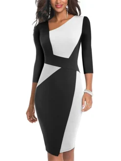 Women's Work Dress Sheath Dress Semi Formal Dress Fashion Midi Dress Patchwork V Neck 3/4 Length Sleeve Color Block Regular Fit Black Red Navy Blue Fall Winter S M L XL XXL