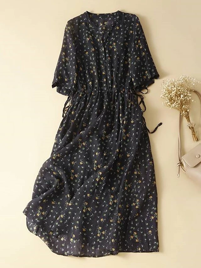 Women's Casual Dress Cotton Linen Dress A Line Dress Midi Dress Linen / Cotton Blend Basic Classic Outdoor Daily Vacation Split Neck Button Pocket 3/4 Length Sleeve Spring Fall Autumn 2023 Loose Fit 2 Women's Casual Dress Cotton Linen Dress A Line Dress Midi Dress Linen / Cotton Blend Basic Classic Outdoor Daily Vacation Split Neck Button Pocket 3/4 Length Sleeve Spring Fall Autumn 2023 Loose Fit - Image 2