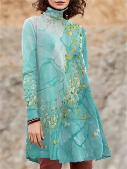 Women's Work Dress Casual Dress Swing Dress Fashion Winter Dress Daily Mini Dress Print Turtleneck Long Sleeve Floral Geometric Regular Fit Black Blue Purple Fall Winter S M L XL XXL -Party Prom Dresses Sales Store clvnxi1694151644630