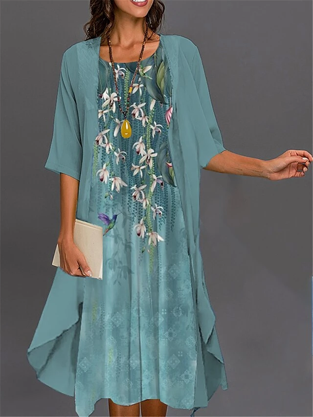 Women's Two Piece Dress Set Casual Dress Print Dress Outdoor Daily Fashion Elegant Print Midi Dress Crew Neck 3/4 Length Sleeve Floral Butterfly Loose Fit Pink Navy Blue Royal Blue Summer Spring S M 5 Women's Two Piece Dress Set Casual Dress Print Dress Outdoor Daily Fashion Elegant Print Midi Dress Crew Neck 3/4 Length Sleeve Floral Butterfly Loose Fit Pink Navy Blue Royal Blue Summer Spring S M - Image 5