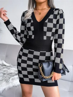Women's Sweater Dress Jumper Dress Casual Dress Mini Dress Fashion Plaid Outdoor Daily Vacation Going Out V Neck Long Sleeve 2023 Loose Fit Black Yellow Wine One Size -Party Prom Dresses Sales Store cmgkwo1694756668062