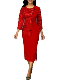 Women's Dress Set Two Piece Dress Skirt Set Long Dress Maxi Dress Red Blue Green 3/4 Length Sleeve Pure Color Lace Fall Winter Autumn Crew Neck Stylish Slim 2023 S M L XL XXL 3XL 4XL 5XL -Party Prom Dresses Sales Store cmnbkk1658893322735
