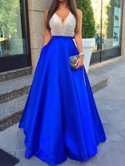 Women's Prom Dress Party Dress Sequin Dress Long Dress Maxi Dress Blue Sleeveless Color Block Sequins Spring Fall Winter V Neck Fashion Wedding Guest Birthday Evening Party 2023 S M L XL -Party Prom Dresses Sales Store cmnlmu1696076959485