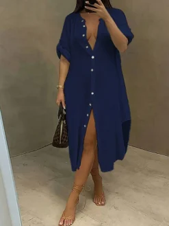 Women's Shirt Dress Casual Dress Cotton Linen Dress Midi Dress Polyester Casual Daily Casual Home Daily Holiday V Neck Button Split Long Sleeve Summer Spring Fall 2023 Loose Fit White Navy Blue Sky -Party Prom Dresses Sales Store cmqfdo1689651706536