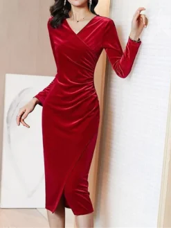 Women's Party Dress Velvet Dress Cocktail Dress Midi Dress Black Wine Navy Blue Long Sleeve Pure Color Ruched Fall Winter Autumn V Neck Fashion Birthday Wedding Guest Vacation 2023 M L XL XXL 3XL 4XL -Party Prom Dresses Sales Store cmqkxo1693808412360