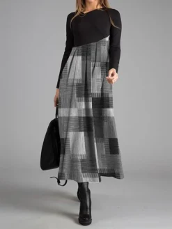 Women's Work Dress Casual Dress Swing Dress Fashion Winter Dress Daily Long Dress Maxi Dress Button Print V Neck Long Sleeve Geometric Plaid Regular Fit Blue Green Khaki Fall Winter S M L XL XXL -Party Prom Dresses Sales Store cmsfnw1695887968437