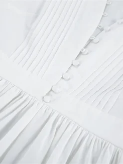 Women's Work Dress Casual Dress White Dress Fashion Daily Puff Sleeve Mini Dress Ruched Button V Neck 3/4 Length Sleeve Plain Regular Fit White Fall Winter S M L -Party Prom Dresses Sales Store cmskjv1695645263769