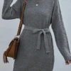 Women's Sweater Dress Jumper Dress Casual Dress Mini Dress Warm Pure Color Outdoor Casual Daily Going Out Crew Neck Long Sleeve Lace Up 2023 Loose Fit Wine Dark Gray Beige S M L