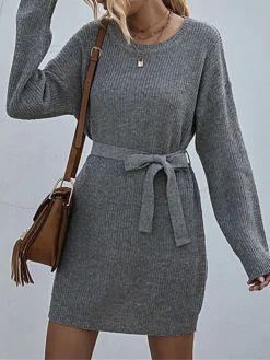 Women's Sweater Dress Jumper Dress Casual Dress Mini Dress Warm Pure Color Outdoor Casual Daily Going Out Crew Neck Long Sleeve Lace Up 2023 Loose Fit Wine Dark Gray Beige S M L