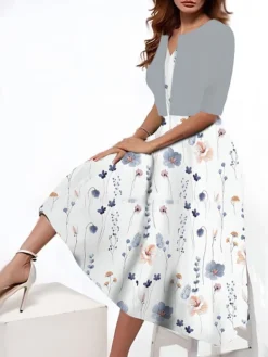 Women's Two Piece Dress Set Casual Dress Tank Dress Outdoor Daily Fashion Streetwear Pocket Print Midi Dress V Neck 3/4 Length Sleeve Floral Regular Fit Blue Purple Brown Summer Spring S M L XL XXL -Party Prom Dresses Sales Store cnkxwv1690547360174