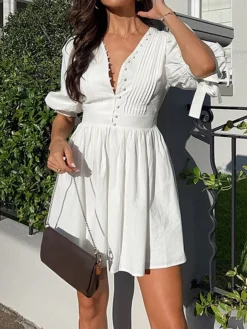 Women's Work Dress Casual Dress White Dress Fashion Daily Puff Sleeve Mini Dress Ruched Button V Neck 3/4 Length Sleeve Plain Regular Fit White Fall Winter S M L -Party Prom Dresses Sales Store cnpzvg1695645260067