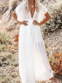 Women's Normal Party Dress White Dress Long Dress Maxi Dress Black White Army Green Long Sleeve Pure Color Button Summer Spring Fall Plunge Vacation One-Size -Party Prom Dresses Sales Store cntzoi1655979372422