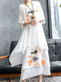 Women's Two Piece Dress Set Casual Dress Print Dress Daily Holiday Fashion Classic Fake Two Piece Print Midi Dress Crew Neck 3/4 Length Sleeve Floral Loose Fit White Pink Red Fall Winter One-Size -Party Prom Dresses Sales Store cnytug1694068747064