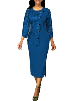 Women's Dress Set Two Piece Dress Skirt Set Long Dress Maxi Dress Red Blue Green 3/4 Length Sleeve Pure Color Lace Fall Winter Autumn Crew Neck Stylish Slim 2023 S M L XL XXL 3XL 4XL 5XL -Party Prom Dresses Sales Store coaiqt1658893323028