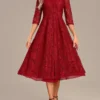 Women's Party Dress Lace Dress Cocktail Dress Midi Dress Red 3/4 Length Sleeve Pure Color Lace Spring Fall Winter Crew Neck Fashion Winter Dress Christmas Wedding Guest 2023 S M L XL XXL 3XL