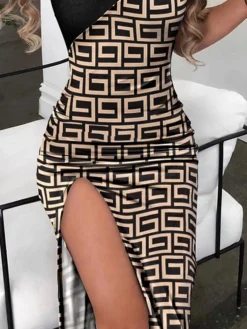 Women's Party Dress Wedding Guest Dress Bodycon Midi Dress Khaki Sleeveless Plaid Split Spring Fall Winter Halter Neck Fashion Winter Dress Wedding Guest Evening Party 2023 S M L XL XXL 3XL -Party Prom Dresses Sales Store cpffgs1697611291991