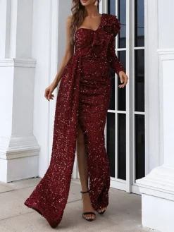 Women‘s Prom Dress Party Dress Sequin Dress Long Dress Maxi Dress Silver Pink Wine Long Sleeve Pure Color Sparkly Glitter Sequins Fall Winter Autumn One Shoulder Fashion Winter Dress Evening -Party Prom Dresses Sales Store cphmzg1694661301560