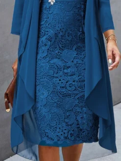 Women's Two Piece Dress Set Casual Dress Lace Dress Outdoor Daily Fashion Elegant Lace Patchwork Midi Dress V Neck Long Sleeve Plain Regular Fit Wine Blue Sky Blue Fall Winter S M L XL XXL -Party Prom Dresses Sales Store cpxnjq1694057202004