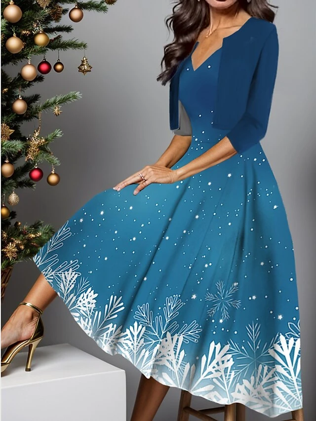 Women's Two Piece Dress Set Casual Dress Swing Dress Outdoor Christmas Fashion Elegant Print Midi Dress V Neck Half Sleeve Snowflake Ombre Regular Fit Burgundy Navy Blue Blue Fall Winter S M L XL XXL 2 Women's Two Piece Dress Set Casual Dress Swing Dress Outdoor Christmas Fashion Elegant Print Midi Dress V Neck Half Sleeve Snowflake Ombre Regular Fit Burgundy Navy Blue Blue Fall Winter S M L XL XXL - Image 2
