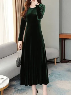 Women's Green Velvet Dress Maxi Long Dress Black Wine Blue Long Sleeve Solid Color Ruched Fall Winter Crew Neck Party Stylish Elegant Party -Party Prom Dresses Sales Store cpzuql1637316073187