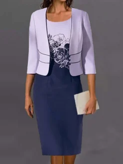 Women's Dress Set Two Piece Dress Floral Dress Midi Dress Purple 3/4 Length Sleeve Print Print Winter Fall Autumn Crew Neck Fashion Party Daily Wedding Guest 2023 S M L XL XXL 3XL