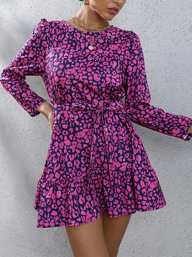 Women's Work Dress Sheath Dress Semi Formal Dress Fashion Mini Dress Lace Up Print Crew Neck Long Sleeve Floral Loose Fit Black Fuchsia Brown Fall S M L XL XXL 9 Women's Work Dress Sheath Dress Semi Formal Dress Fashion Mini Dress Lace Up Print Crew Neck Long Sleeve Floral Loose Fit Black Fuchsia Brown Fall S M L XL XXL - Image 9