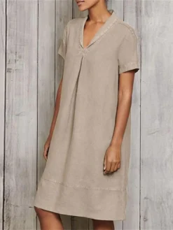 Women's Casual Dress Cotton Linen Dress A Line Dress Midi Dress Linen Cotton Blend Fashion Modern Outdoor Daily Vacation V Neck Ruched Short Sleeve Summer Spring 2023 Loose Fit ArmyGreen Wine Sky Blue -Party Prom Dresses Sales Store cqnwlq1678262787991