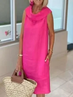Women's Casual Dress Cotton Linen Dress Shift Dress Midi Dress Cotton Blend Fashion Basic Outdoor Daily Vacation Cowl Neck Pocket Sleeveless Summer Spring 2023 Loose Fit Black Yellow Pink Plain S M L -Party Prom Dresses Sales Store cqyegz1682401112559