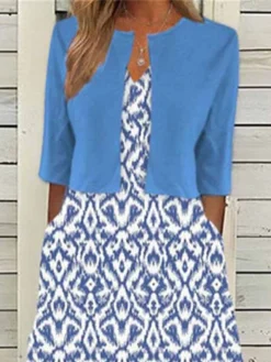 Women's Two Piece Dress Set Casual Dress Print Dress Outdoor Daily Fashion Elegant Pocket Print Midi Dress V Neck Half Sleeve Geometric Regular Fit Blue Green Summer Spring S M L XL XXL -Party Prom Dresses Sales Store crbbba1681877143229