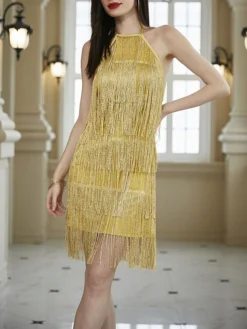 Women's Party Dress Fringe Dress Cocktail Dress Mini Dress Purple Gold Sleeveless Pure Color Tassel Fringe Summer Spring Fall Halter Neck Fashion Wedding Guest Vacation Summer Dress 2023 S M L XL -Party Prom Dresses Sales Store creztz1690341247570