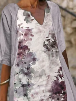 Women's Dress Set Two Piece Dress A Line Dress Midi Dress Light Blue Gray Half Sleeve Floral Print Summer Spring V Neck Elegant 2023 S M L XL XXL 3XL -Party Prom Dresses Sales Store crfeba1653363831728