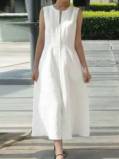 Women's Casual Dress Cotton Linen Dress White Dress Maxi Long Dress Cotton Blend Fashion Basic Outdoor Daily Vacation Crew Neck Pocket Sleeveless Summer Spring 2023 Regular Fit White Pure Color S M L